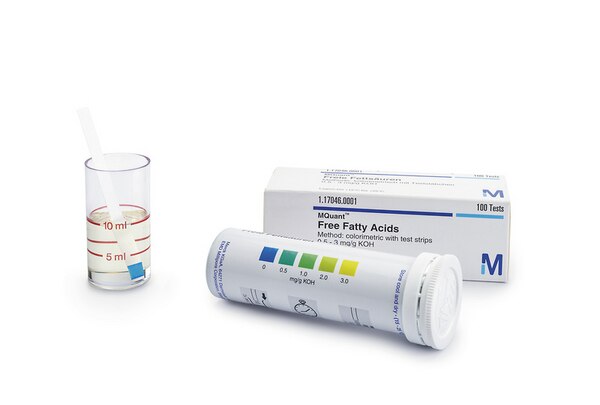 Ácidos grasos libres Metodo colorimetrico con tiras de ensayo 0.5 - 1 - 2 - 3 mg/g KOH MQuant®, Pac 100 Tests